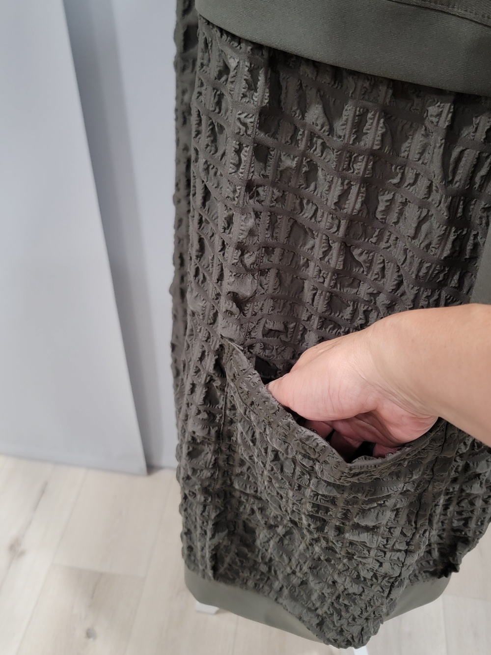 Joseph Ribkoff Olive Green Midi Dress with Textured Skirt - Picture 6 of 10